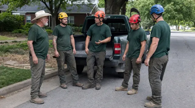 The Nashville crew in a morning safety huddle beside the truck