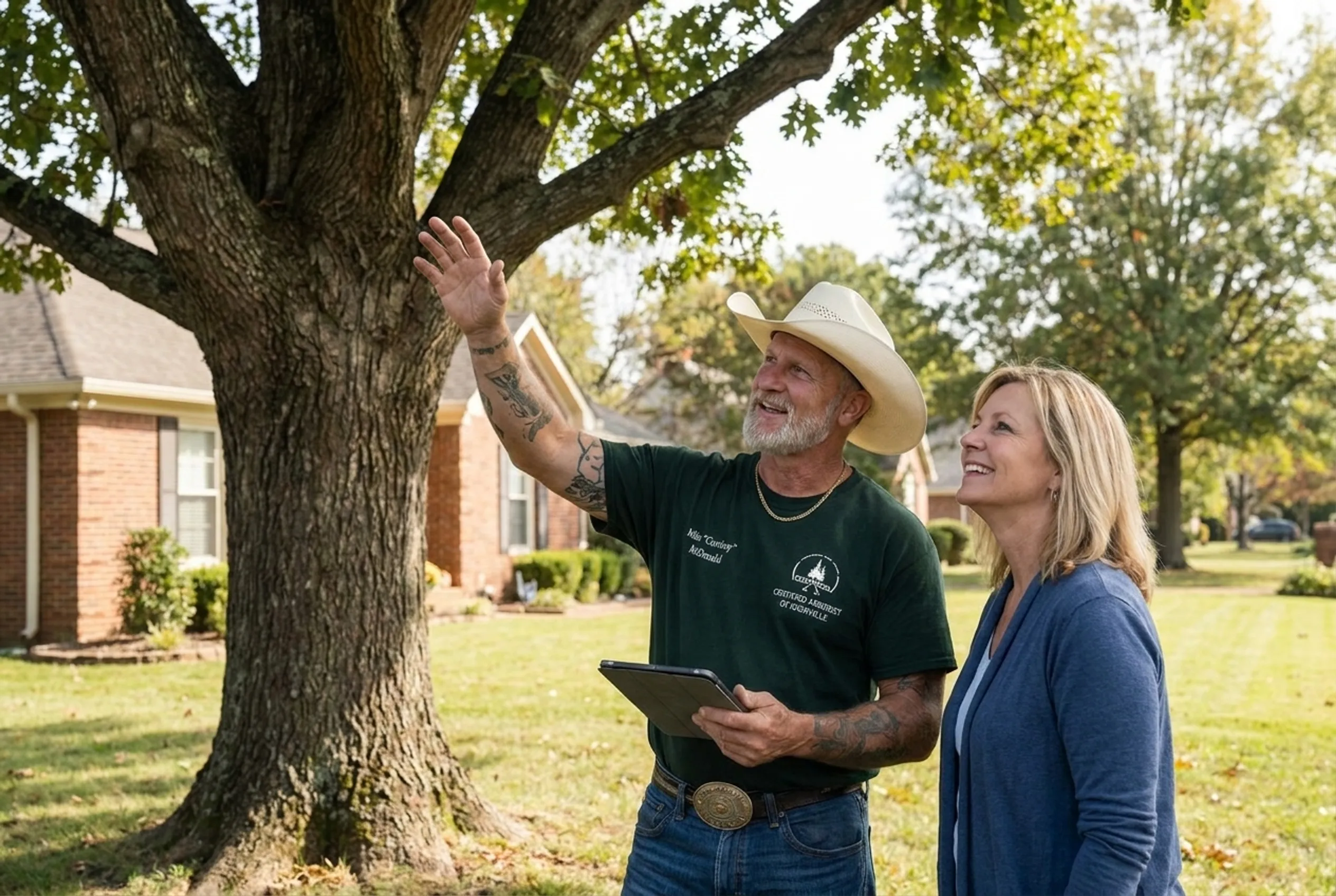 An expert arborist walking a homeowner through the plan for their trees