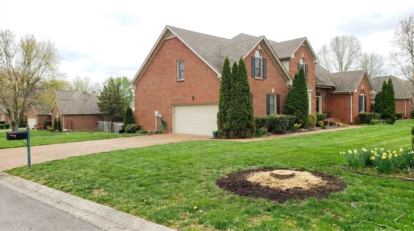 The same front yard after tree removal, stump ground low and lawn intact
