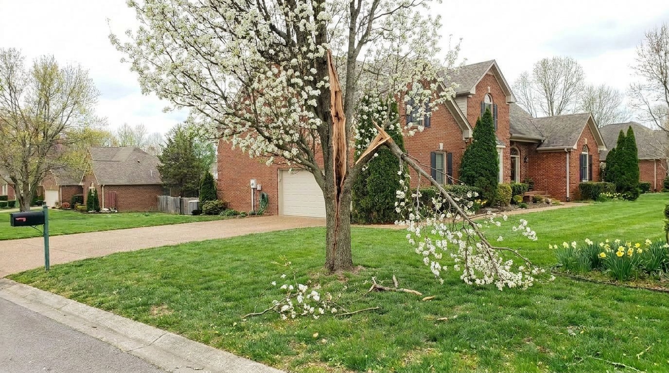 Front yard with a storm split pear tree, one broken limb hanging over the lawn