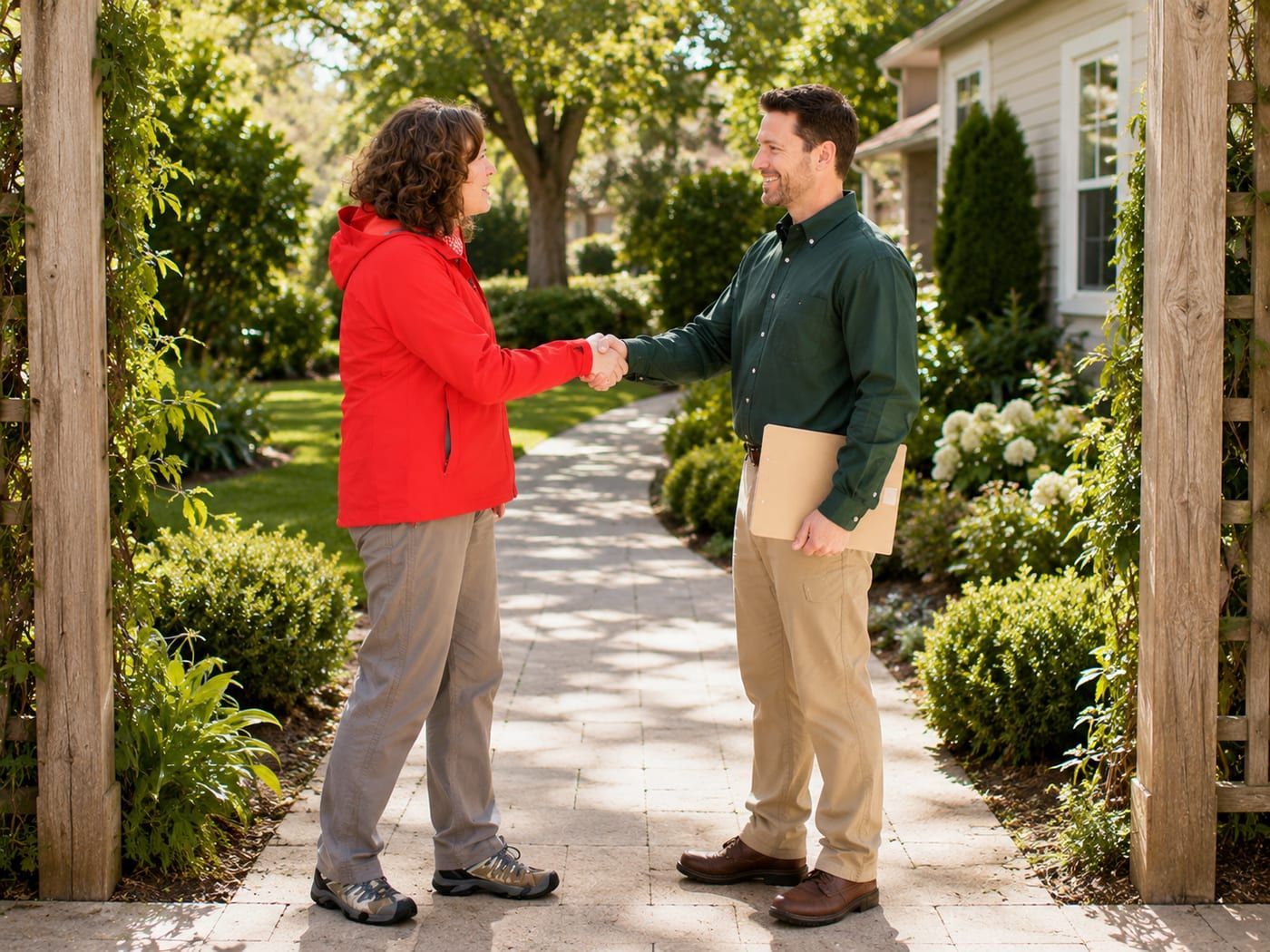 A property manager and an arborist meeting on site at the start of a scheduled property walk
