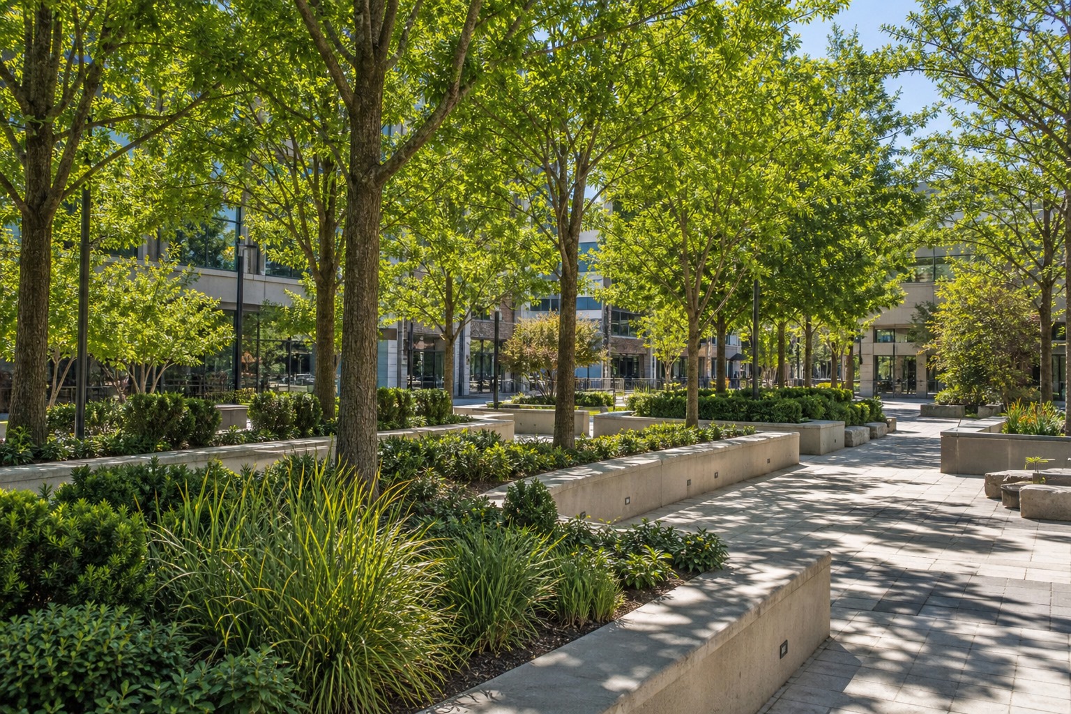 A mature common area lawn and tree canopy at a townhome community