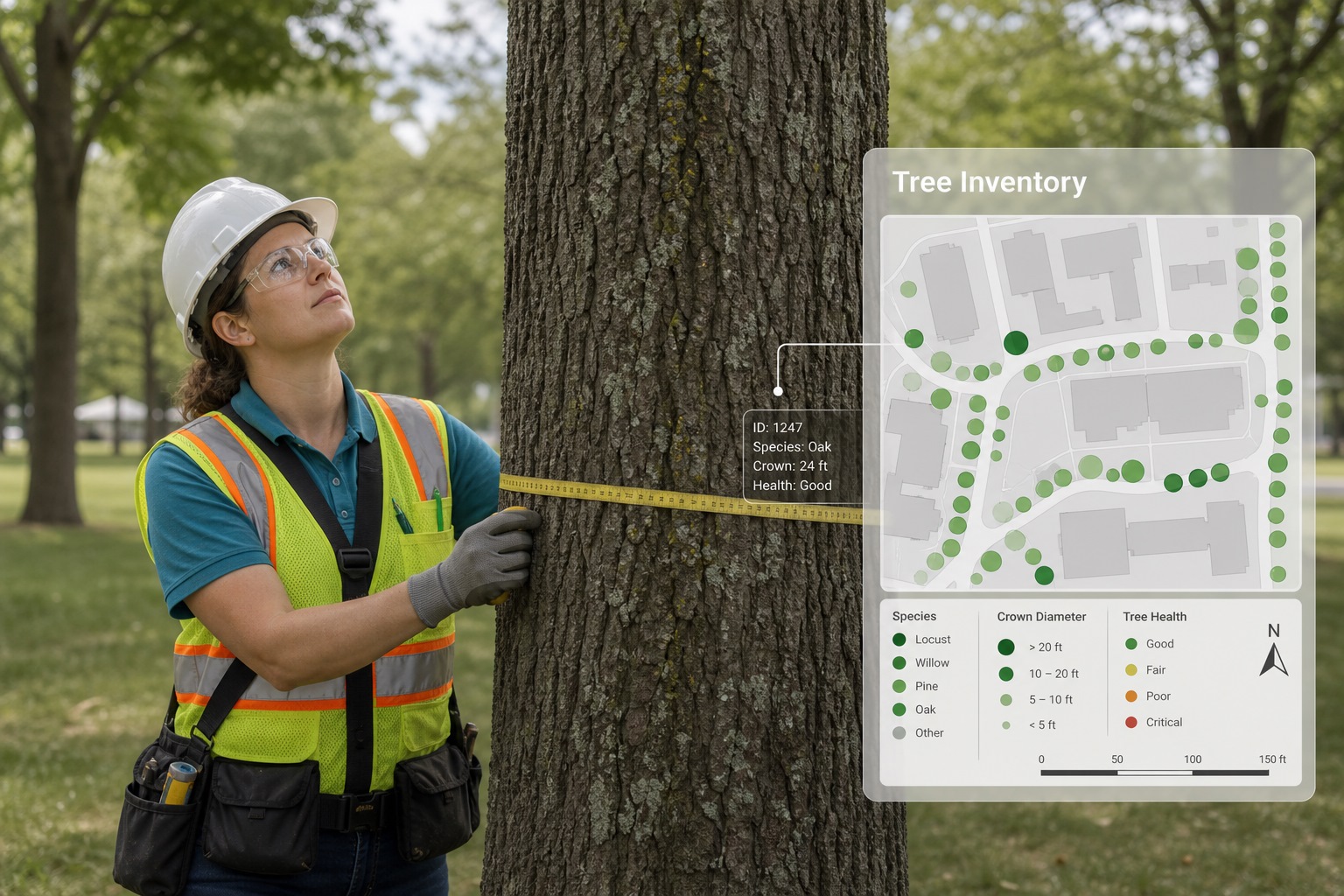 An expert arborist recording the condition of a park tree on a tablet while a crew member measures the trunk